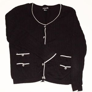 Black Knit Cardigan with White Trim